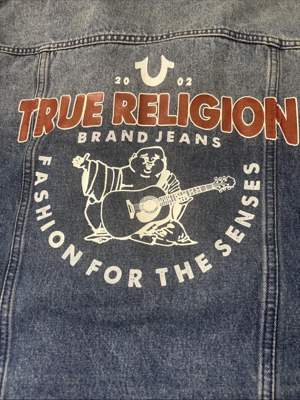 True Religion Denim Jacket in Medium Blue with Red Stitching large